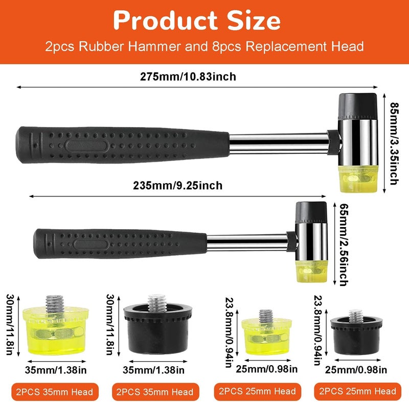 Ragyzity Rubber Hammer, 2Pcs 25mm/35mm Double-Faced Soft Hammer Mallet with 8Pcs Replacement Heads Kit, Non-Slip Rubber Handle Replaceable for Leather Crafts Watch Jewelry Flooring Installation - Image 2